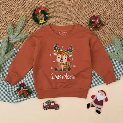 Personalized Christmas Reindeer Sweatshirt Romper Cute Baby Outfit Whimsical Holiday Design Custom Names Matching Siblings Festive Kids Clothes