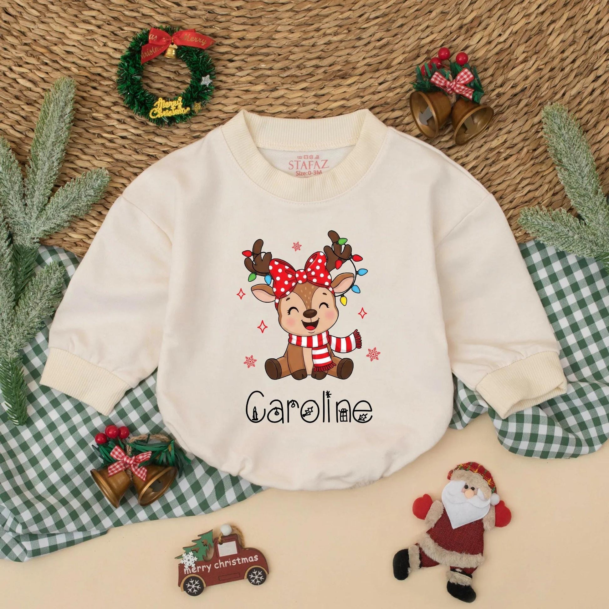 Personalized Christmas Reindeer Sweatshirt Romper Cute Baby Outfit Whimsical Holiday Design Custom Names Matching Siblings Festive Kids Clothes