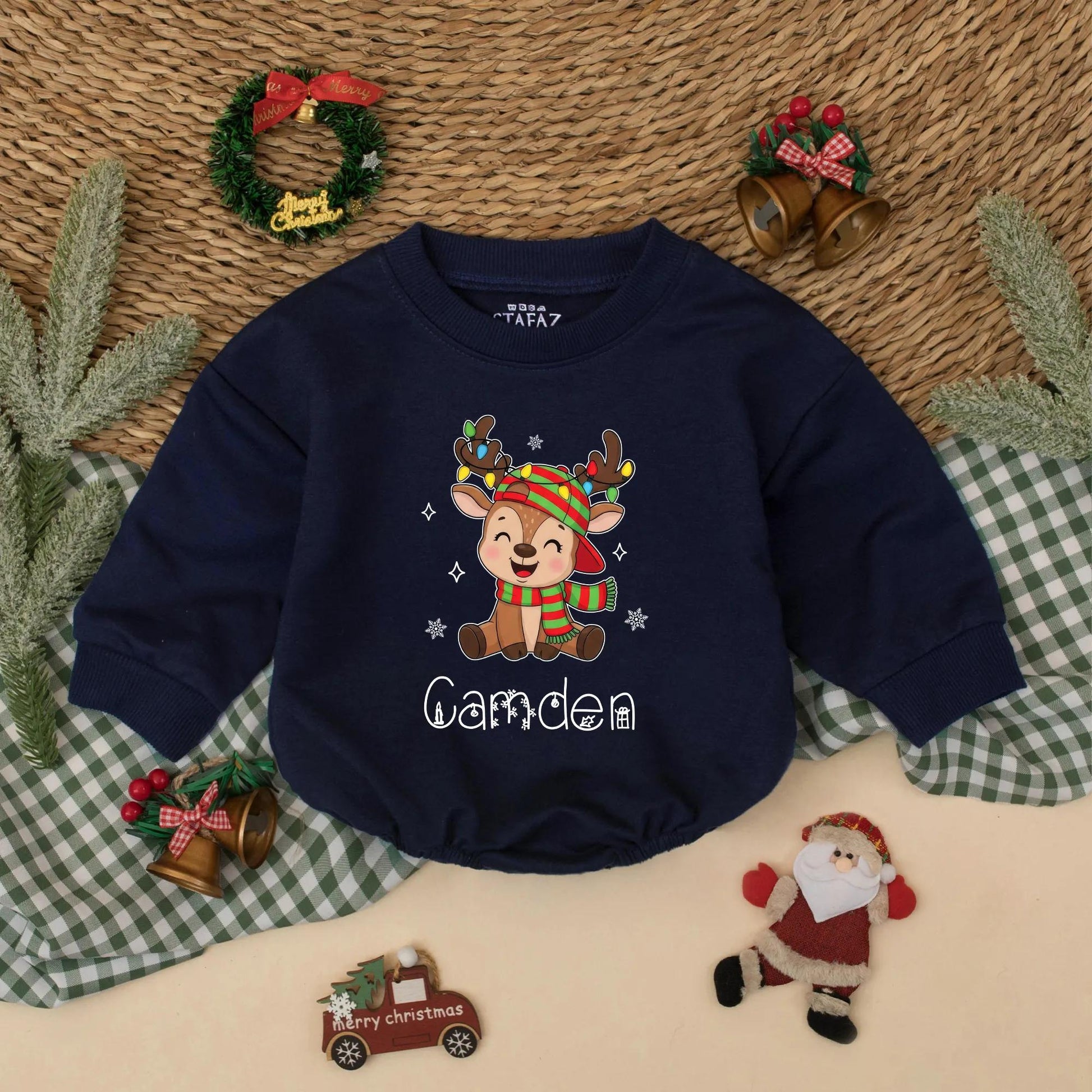 Personalized Christmas Reindeer Sweatshirt Romper Cute Baby Outfit Whimsical Holiday Design Custom Names Matching Siblings Festive Kids Clothes