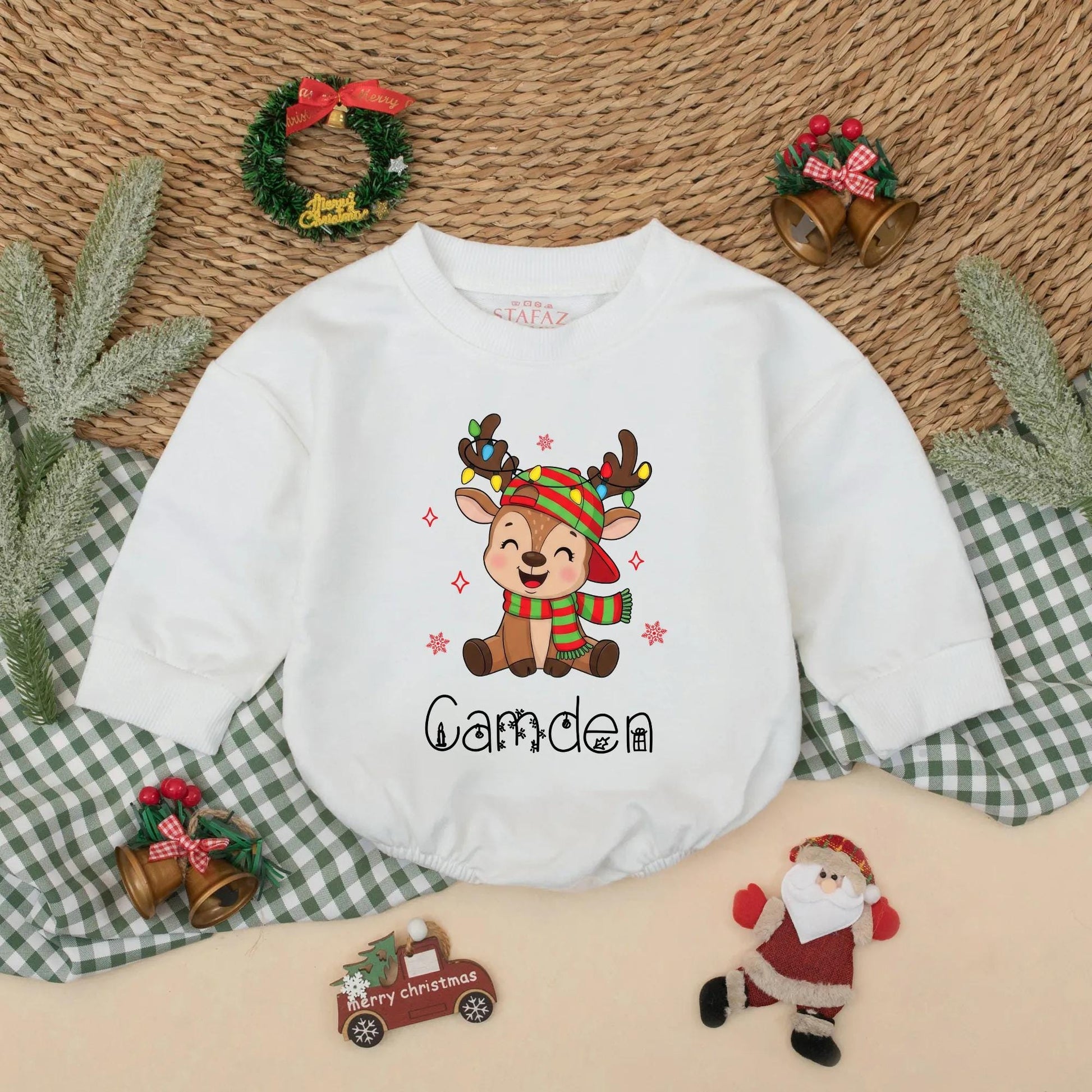 Personalized Christmas Reindeer Sweatshirt Romper Cute Baby Outfit Whimsical Holiday Design Custom Names Matching Siblings Festive Kids Clothes