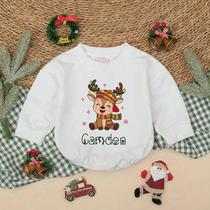 Personalized Christmas Reindeer Sweatshirt Romper Cute Baby Outfit Whimsical Holiday Design Custom Names Matching Siblings Festive Kids Clothes