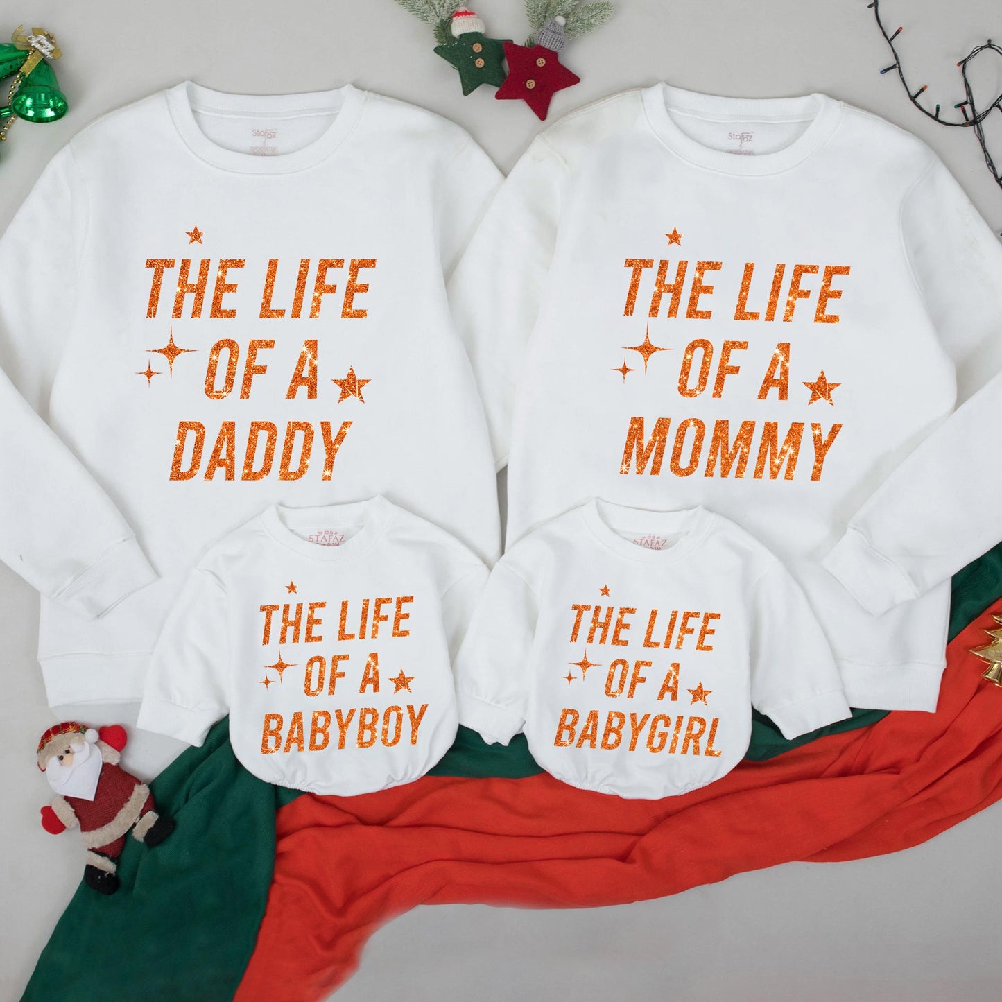 The Life of a Custom Family Matching Sweatshirt, Glitter Star Design Mommy Daddy Babygirl, Personalized Orange Text Outfit, Soft Comfy Sweaters