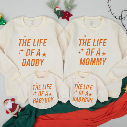 The Life of a Custom Family Matching Sweatshirt, Glitter Star Design Mommy Daddy Babygirl, Personalized Orange Text Outfit, Soft Comfy Sweaters