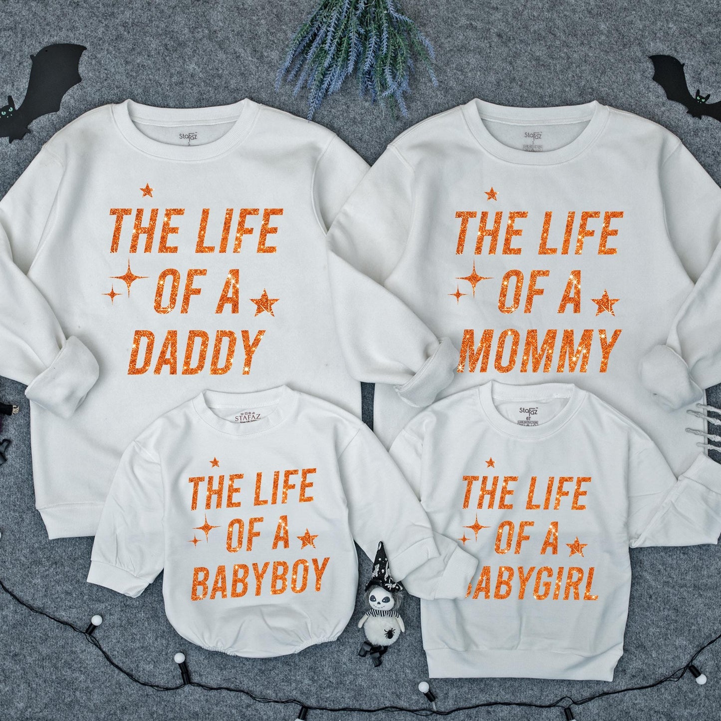 The Life of a Custom Family Matching Sweatshirt, Glitter Star Design Mommy Daddy Babygirl, Personalized Orange Text Outfit, Soft Comfy Sweaters