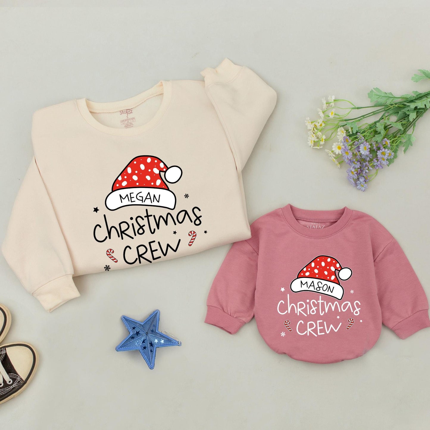 Personalized Christmas Crew Sweatshirt: Matching Family Holiday Sweaters with Custom Name Santa Hat, Xmas Squad Outfit, Festive Vintage Gift for Mom & Me