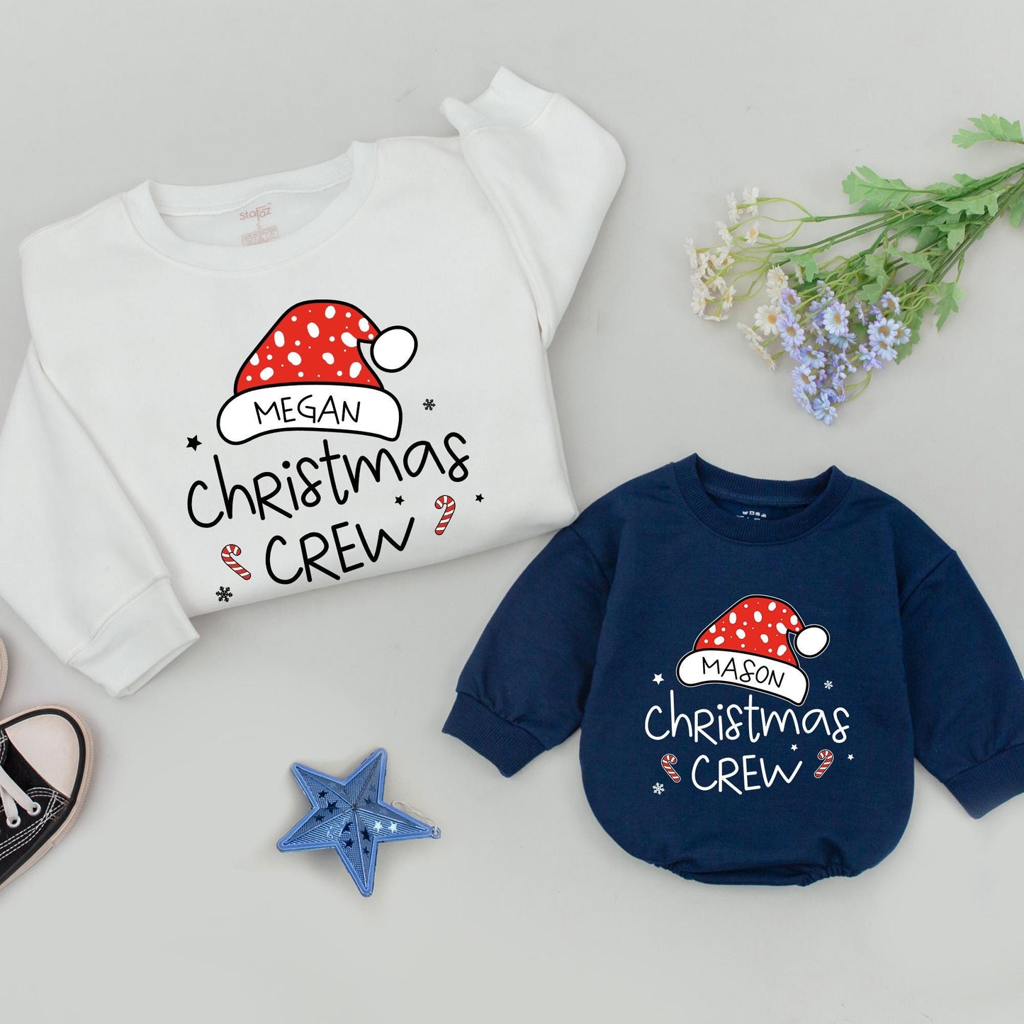 Personalized Christmas Crew Sweatshirt: Matching Family Holiday Sweaters with Custom Name Santa Hat, Xmas Squad Outfit, Festive Vintage Gift for Mom & Me