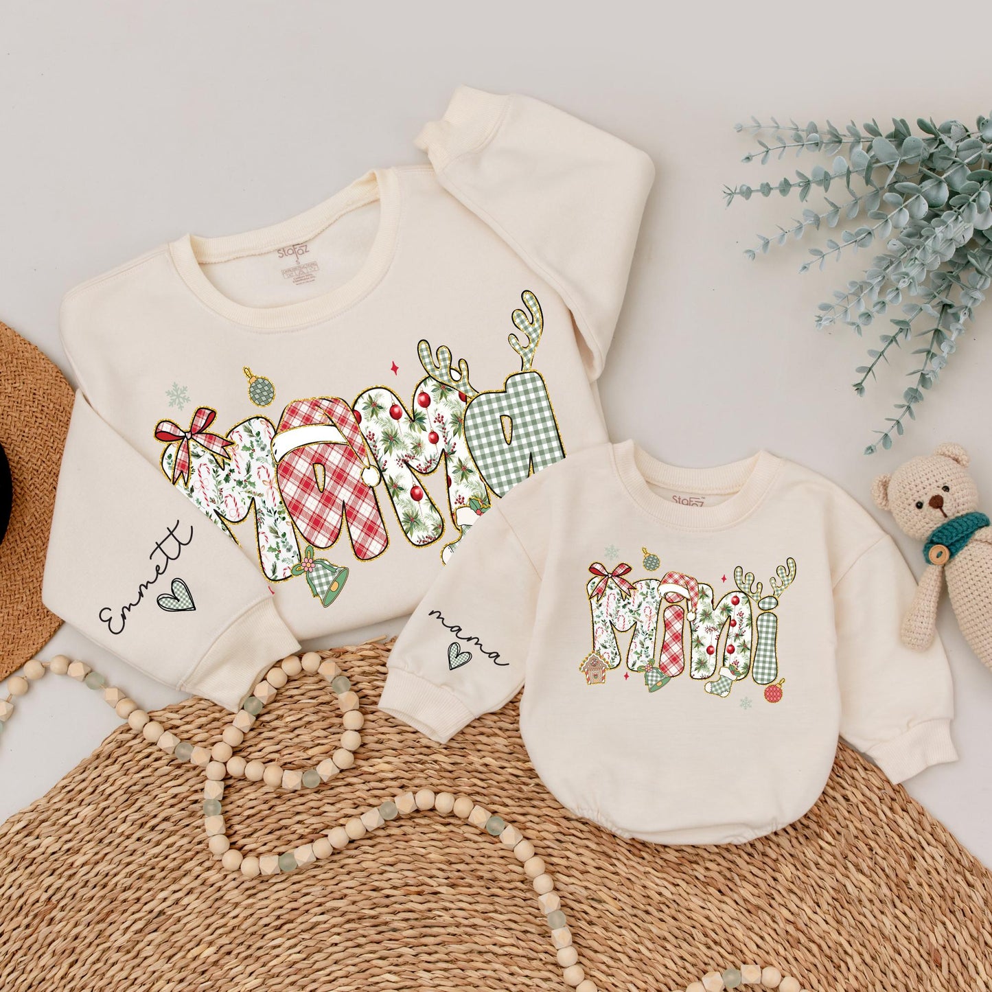 Matching Mama and Mini Christmas Sweatshirts with Gold Glitter Letters, Cute Family Xmas Outfits, Personalized Mom and Baby Holiday Sweaters, First Christmas