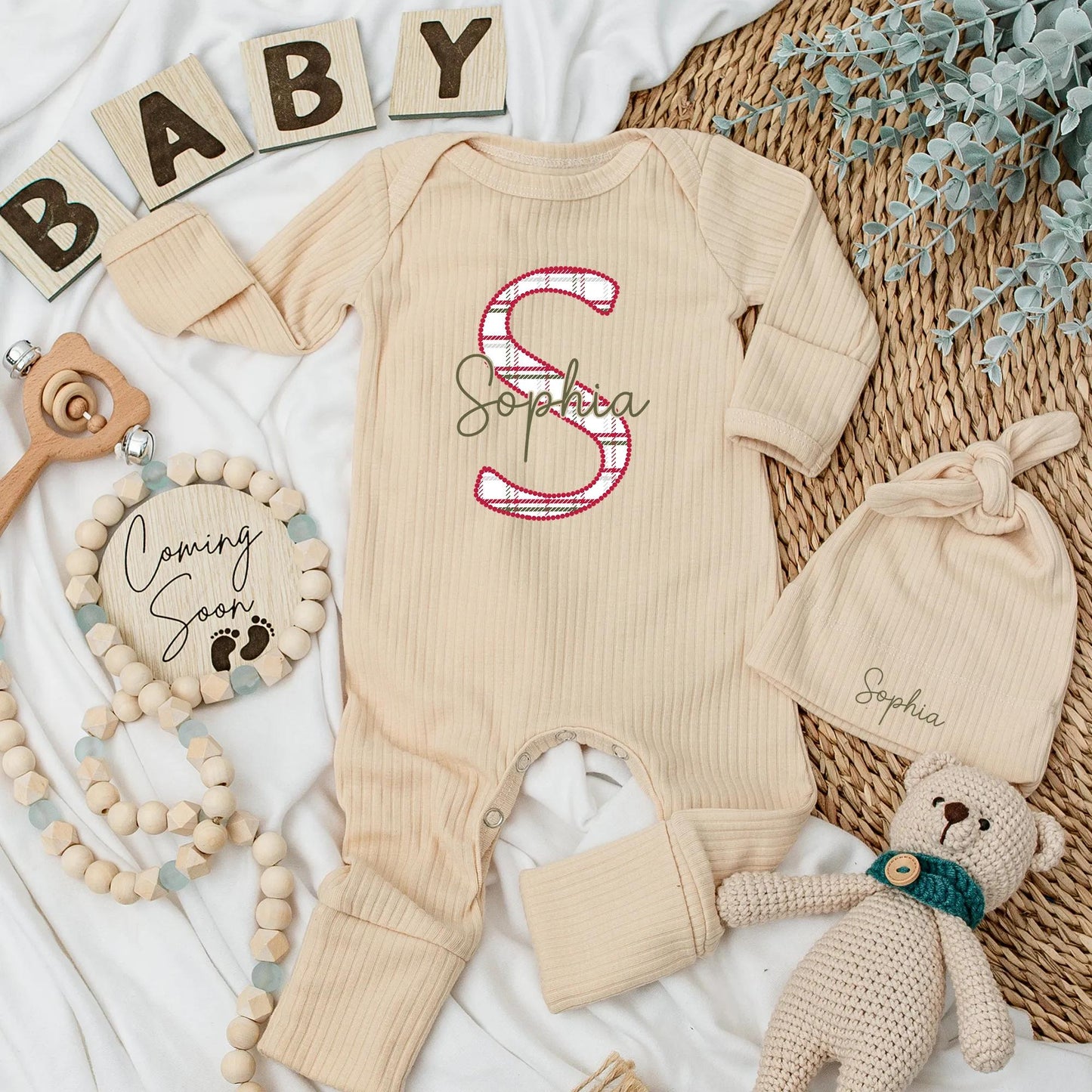 Personalized Christmas Baby Bodysuit with Plaid Letter S and Sophia Name Newborn Holiday Outfit Festive Classic Gender Neutral Gift