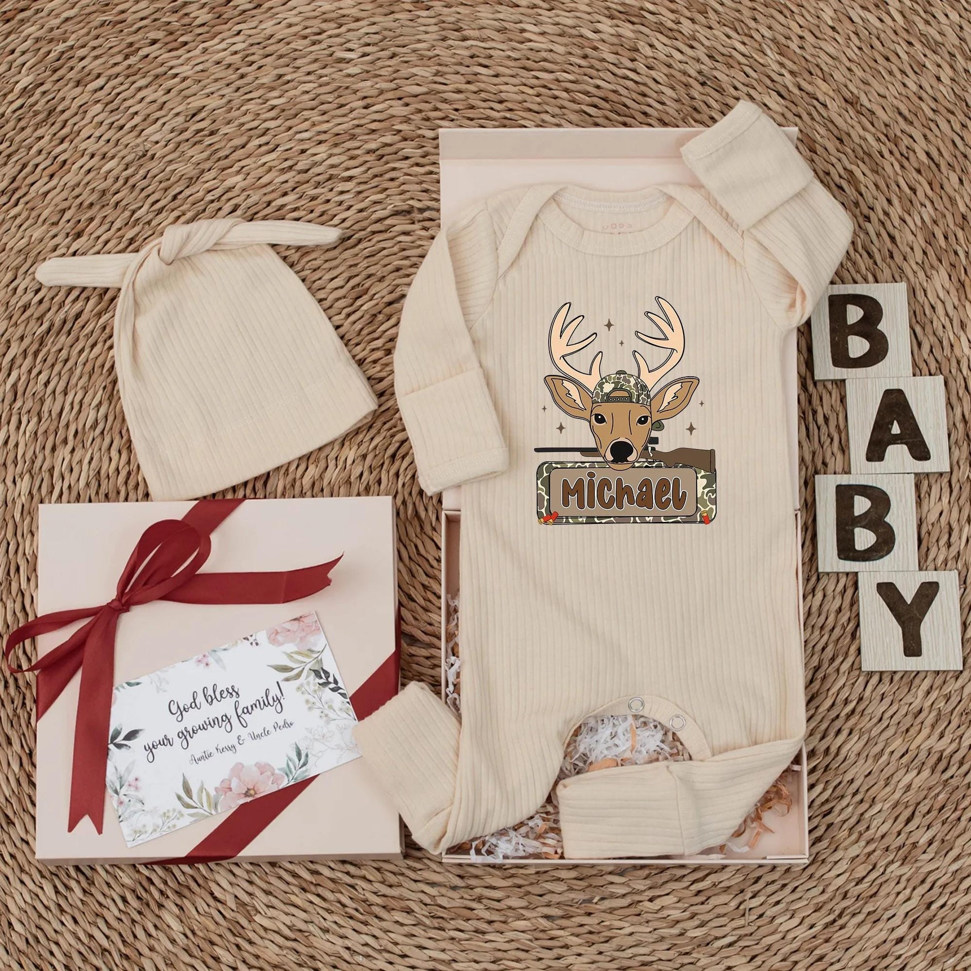Personalized Camo Deer Hunting Baby Bodysuit, Custom Michael Newborn Outfit, Rustic Hunter Clothes, Baby Shower Gift, Buck Starburst Design 138 chars