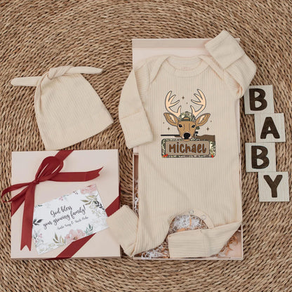 Personalized Camo Deer Hunting Baby Bodysuit, Custom Michael Newborn Outfit, Rustic Hunter Clothes, Baby Shower Gift, Buck Starburst Design 138 chars