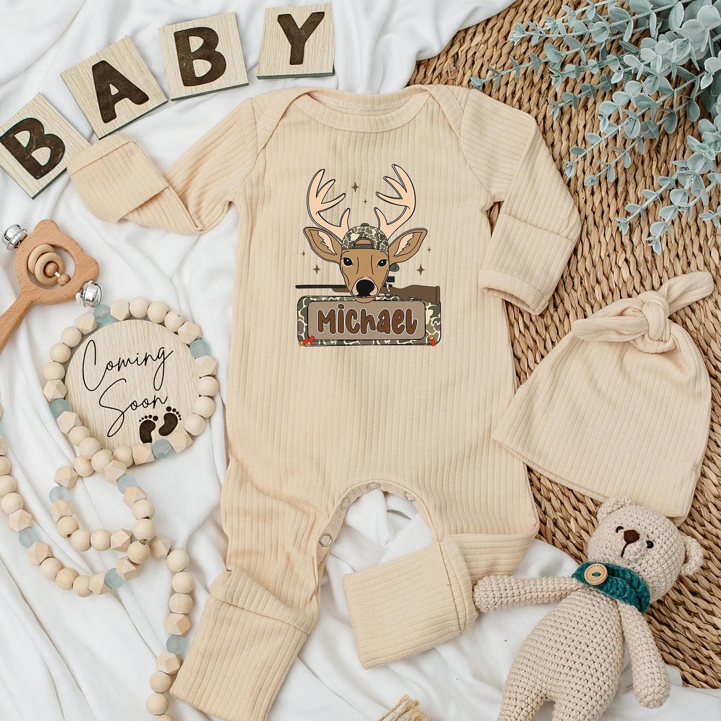 Personalized Camo Deer Hunting Baby Bodysuit, Custom Michael Newborn Outfit, Rustic Hunter Clothes, Baby Shower Gift, Buck Starburst Design 138 chars