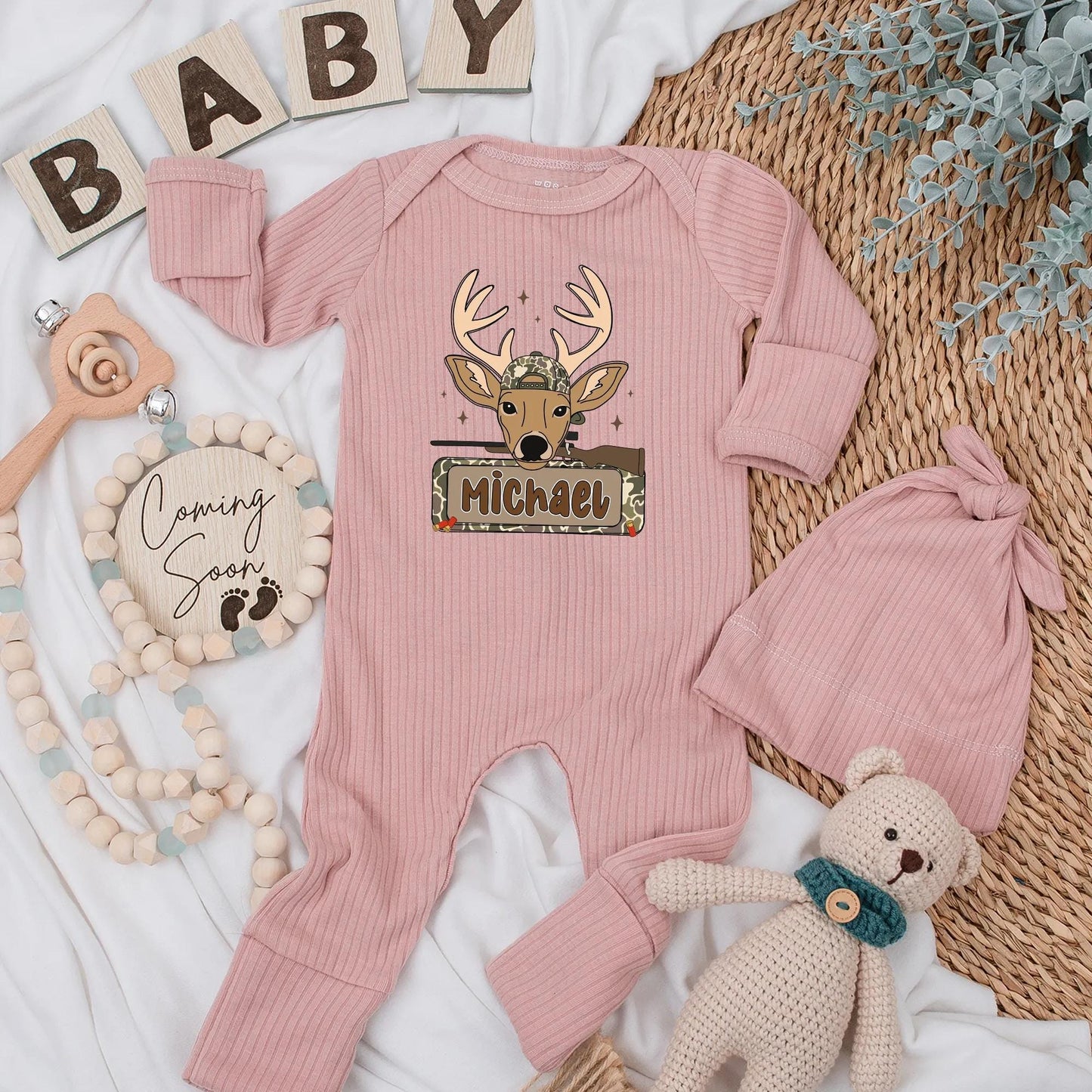 Personalized Camo Deer Hunting Baby Bodysuit, Custom Michael Newborn Outfit, Rustic Hunter Clothes, Baby Shower Gift, Buck Starburst Design 138 chars