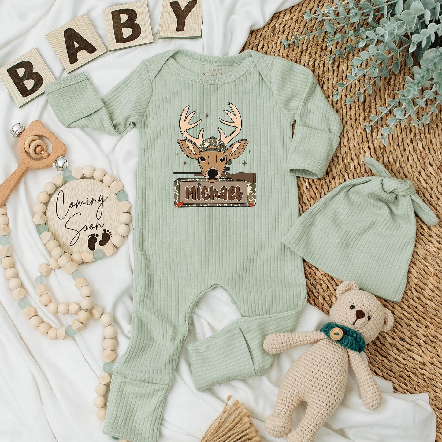 Personalized Camo Deer Hunting Baby Bodysuit, Custom Michael Newborn Outfit, Rustic Hunter Clothes, Baby Shower Gift, Buck Starburst Design 138 chars