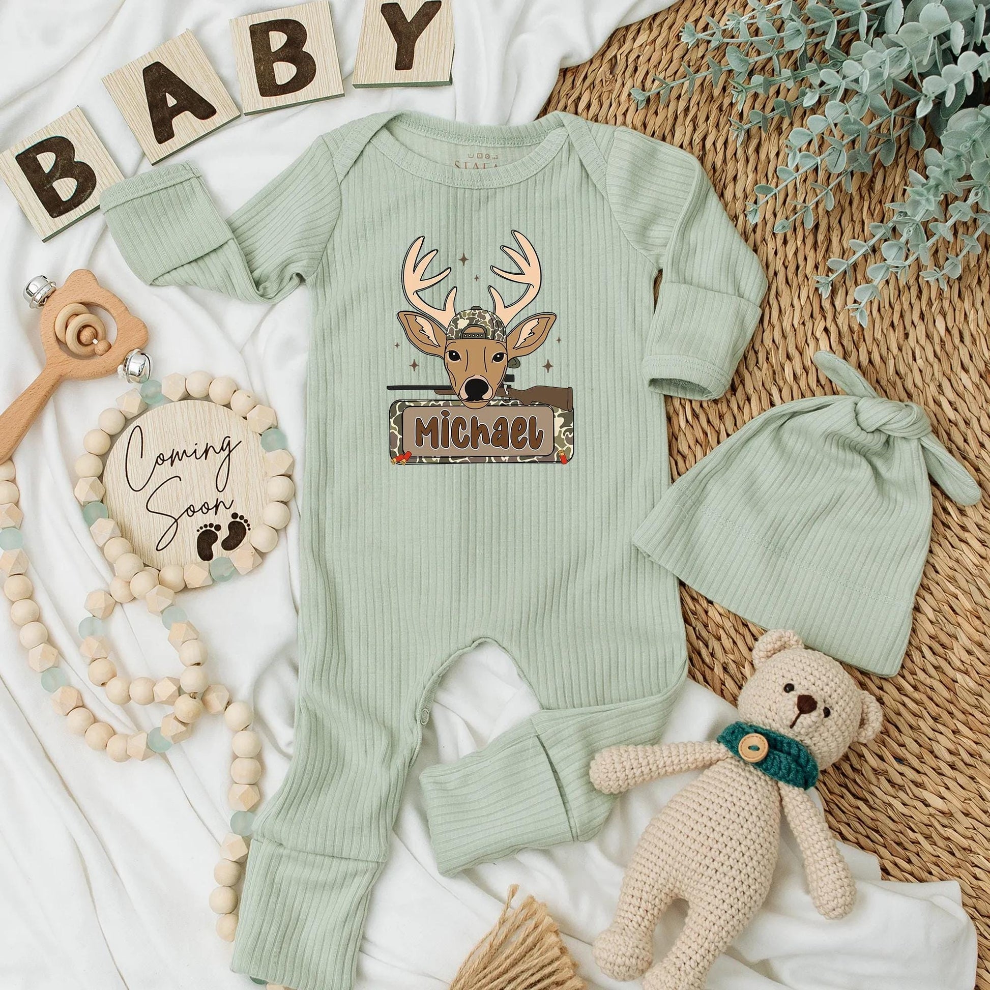 Personalized Camo Deer Hunting Baby Bodysuit, Custom Michael Newborn Outfit, Rustic Hunter Clothes, Baby Shower Gift, Buck Starburst Design 138 chars