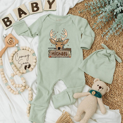 Personalized Camo Deer Hunting Baby Bodysuit, Custom Michael Newborn Outfit, Rustic Hunter Clothes, Baby Shower Gift, Buck Starburst Design 138 chars