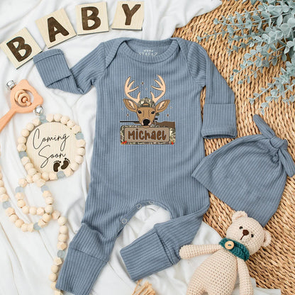 Personalized Camo Deer Hunting Baby Bodysuit, Custom Michael Newborn Outfit, Rustic Hunter Clothes, Baby Shower Gift, Buck Starburst Design 138 chars