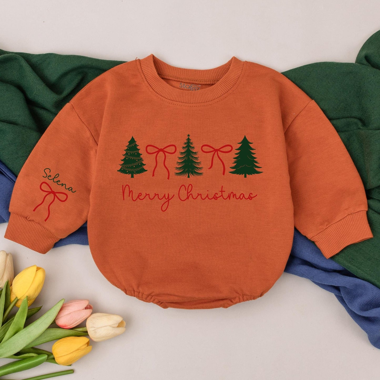 Personalized Preppy Christmas Tree Baby Romper First Christmas Outfit Holiday Girl Bodysuit Newborn Shower Gift Retro Clothes