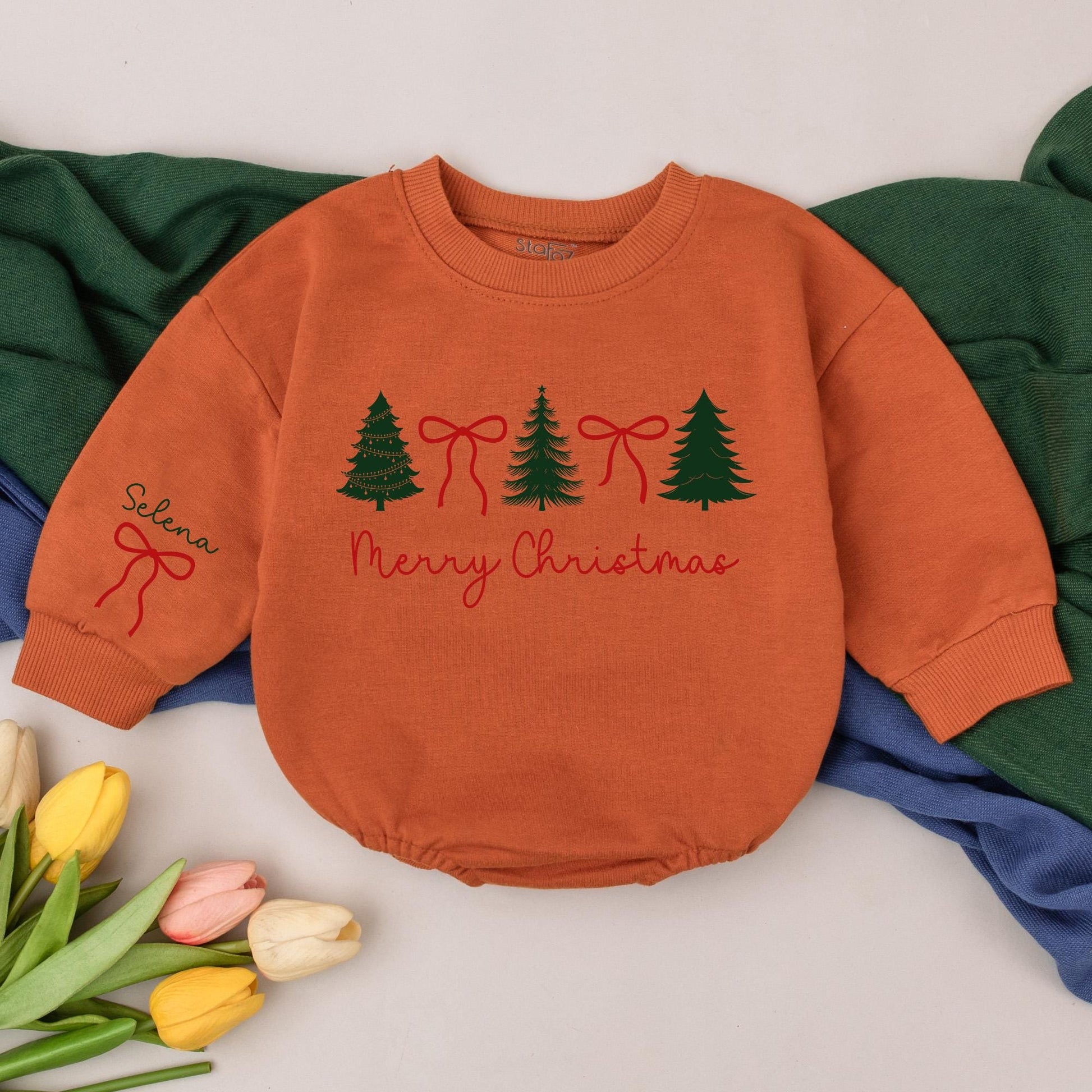 Personalized Preppy Christmas Tree Baby Romper First Christmas Outfit Holiday Girl Bodysuit Newborn Shower Gift Retro Clothes