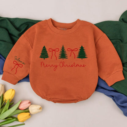 Personalized Preppy Christmas Tree Baby Romper First Christmas Outfit Holiday Girl Bodysuit Newborn Shower Gift Retro Clothes