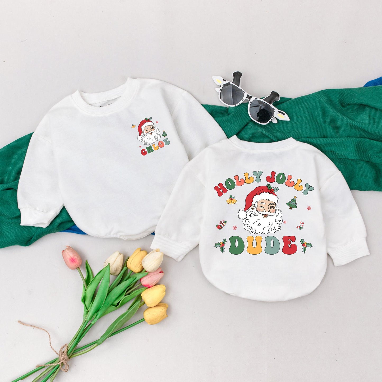 Personalized Holly Jolly Dude Christmas Romper Retro Santa First Holiday Baby Bodysuit Cute Custom Name Vintage Xmas Gift Outfit