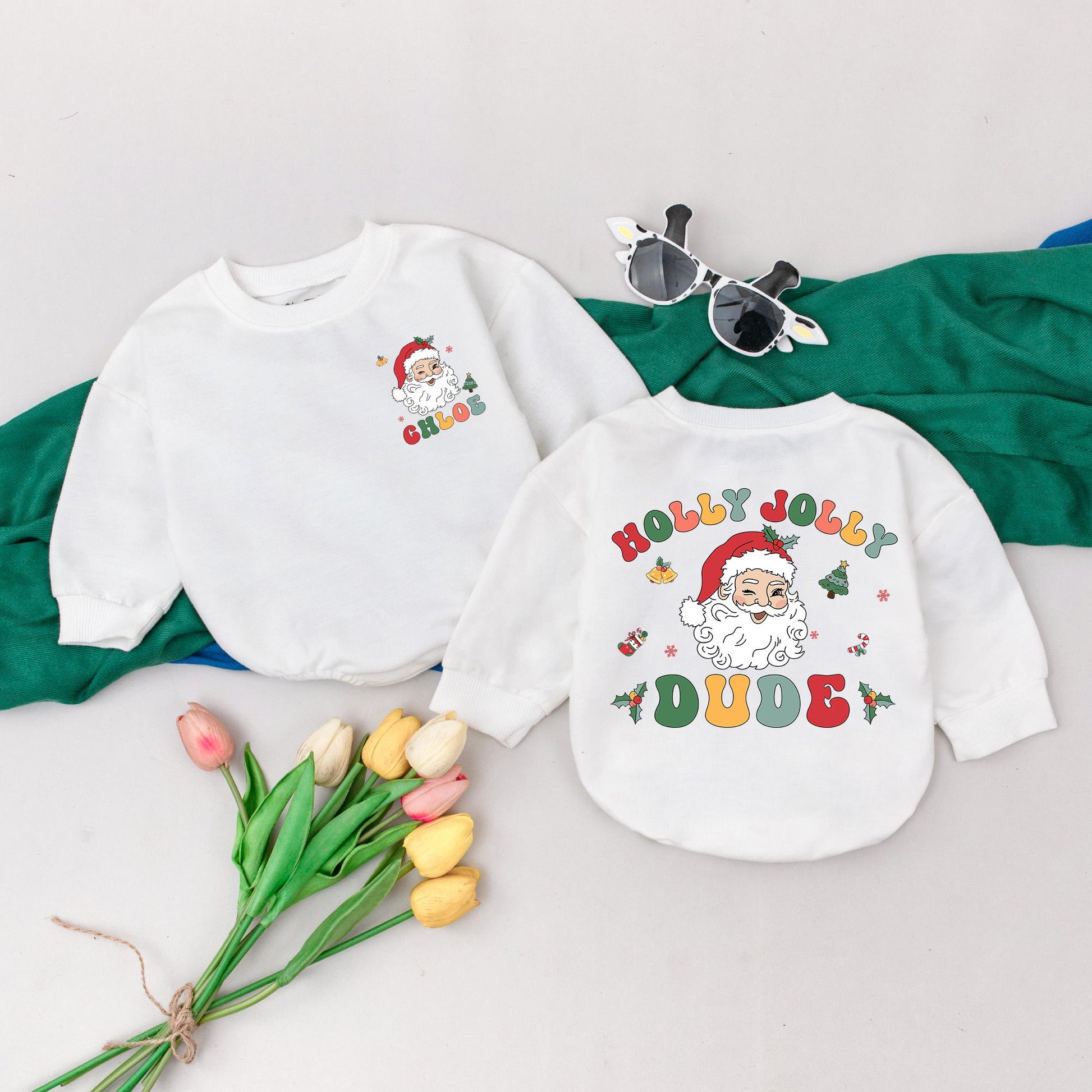 Personalized Holly Jolly Dude Christmas Romper Retro Santa First Holiday Baby Bodysuit Cute Custom Name Vintage Xmas Gift Outfit