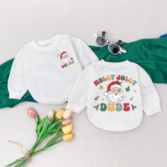 Personalized Holly Jolly Dude Christmas Romper Retro Santa First Holiday Baby Bodysuit Cute Custom Name Vintage Xmas Gift Outfit