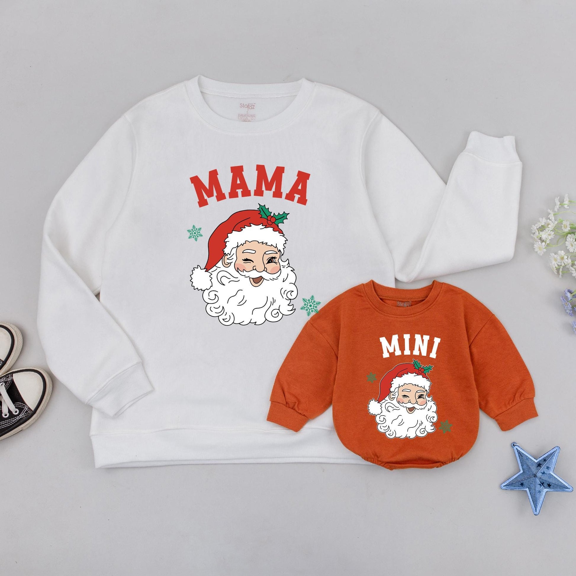 Matching Family Christmas Sweaters, Retro Santa Black & White Design, Personalized MAMA DADA MINI Xmas Gifts, Mommy & Me Outfit