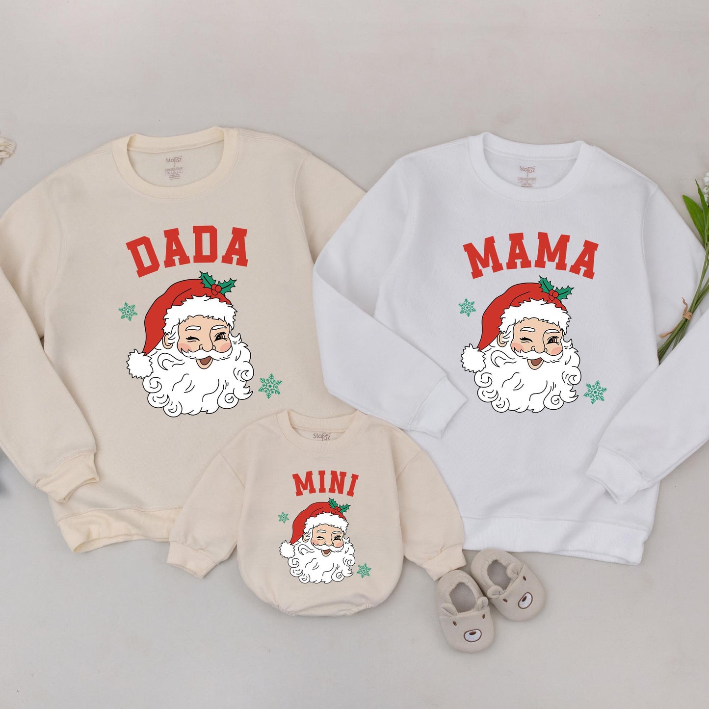 Matching Family Christmas Sweaters, Retro Santa Black & White Design, Personalized MAMA DADA MINI Xmas Gifts, Mommy & Me Outfit