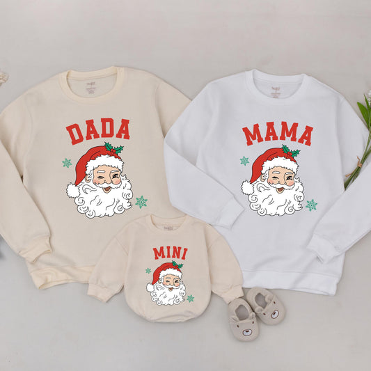 Matching Family Christmas Sweaters, Retro Santa Black & White Design, Personalized MAMA DADA MINI Xmas Gifts, Mommy & Me Outfit