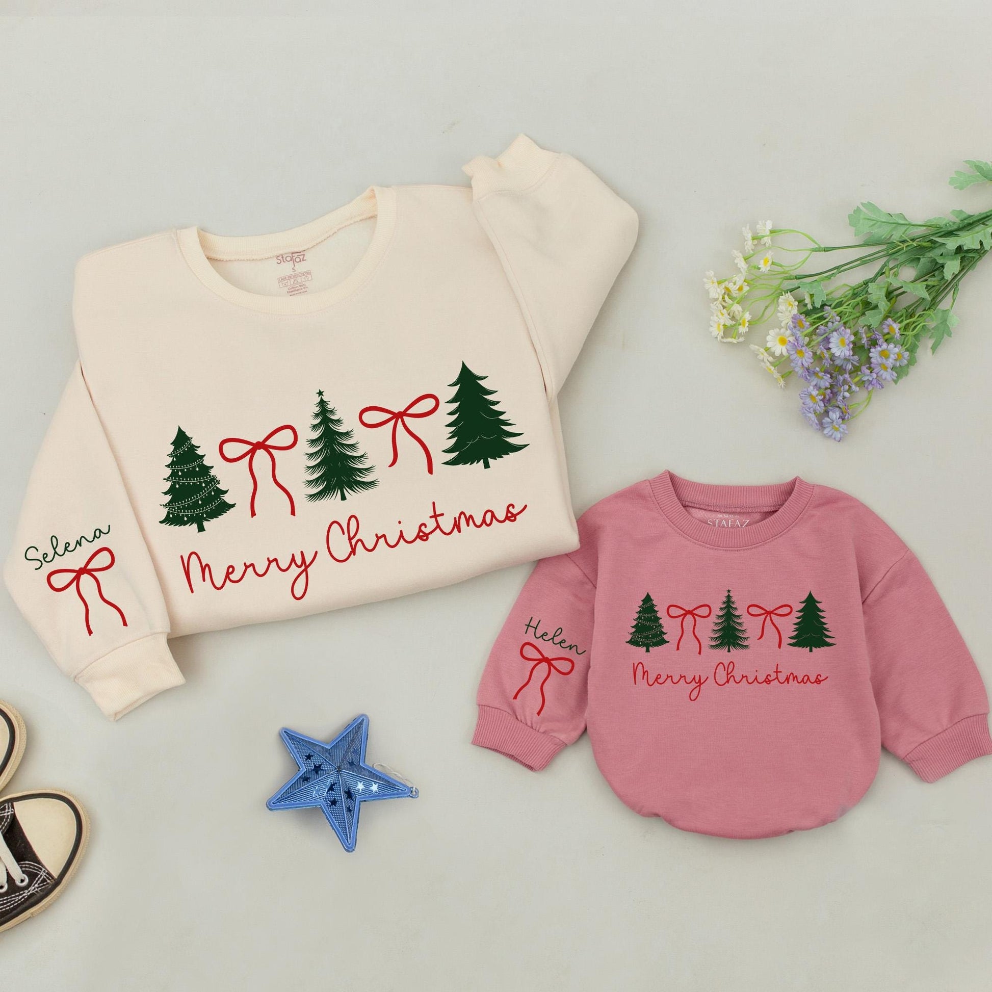 Personalized Family Christmas Tree Sweatshirts Matching Mommy and Me Holiday Pajamas Cozy Winter Sweaters for Mother Daughter Mama & Grandkids Gift