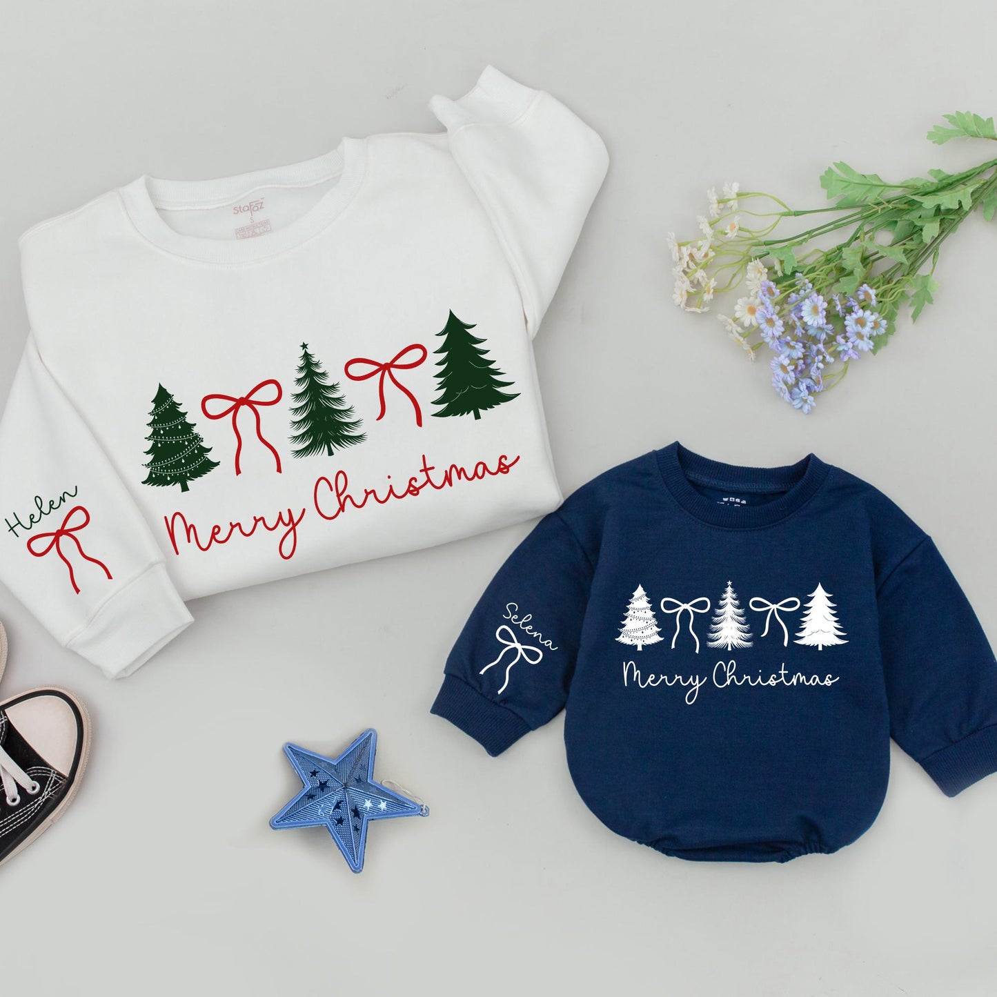 Personalized Family Christmas Tree Sweatshirts Matching Mommy and Me Holiday Pajamas Cozy Winter Sweaters for Mother Daughter Mama & Grandkids Gift