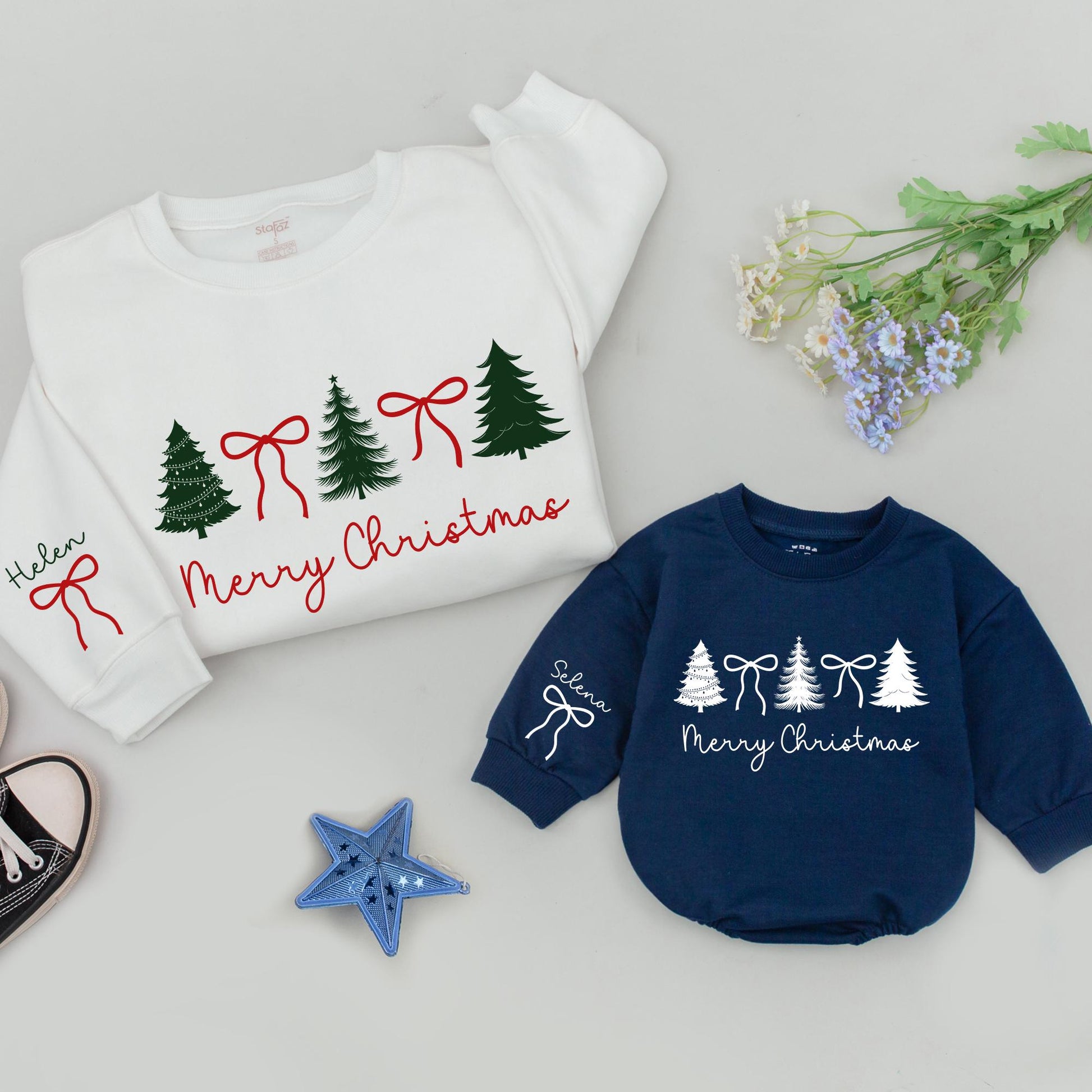 Personalized Family Christmas Tree Sweatshirts Matching Mommy and Me Holiday Pajamas Cozy Winter Sweaters for Mother Daughter Mama & Grandkids Gift