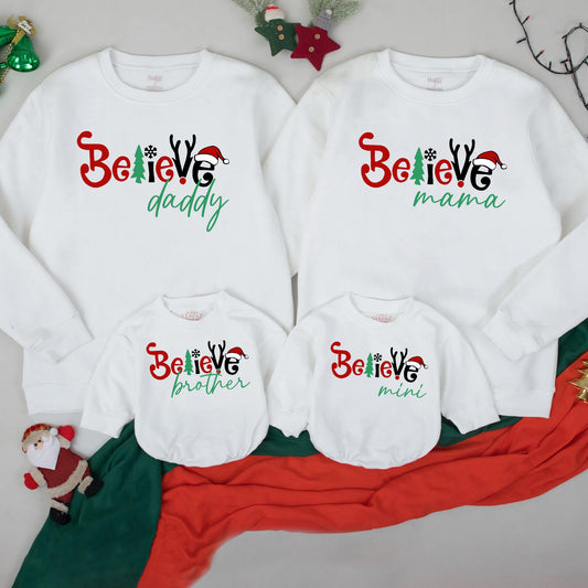 Matching Family Christmas Sweatshirts with 'Believe' for Mama Daddy Brother Mini, a festive retro holiday outfit set for family celebration