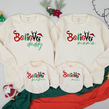 Matching Family Christmas Sweatshirts with 'Believe' for Mama Daddy Brother Mini, a festive retro holiday outfit set for family celebration