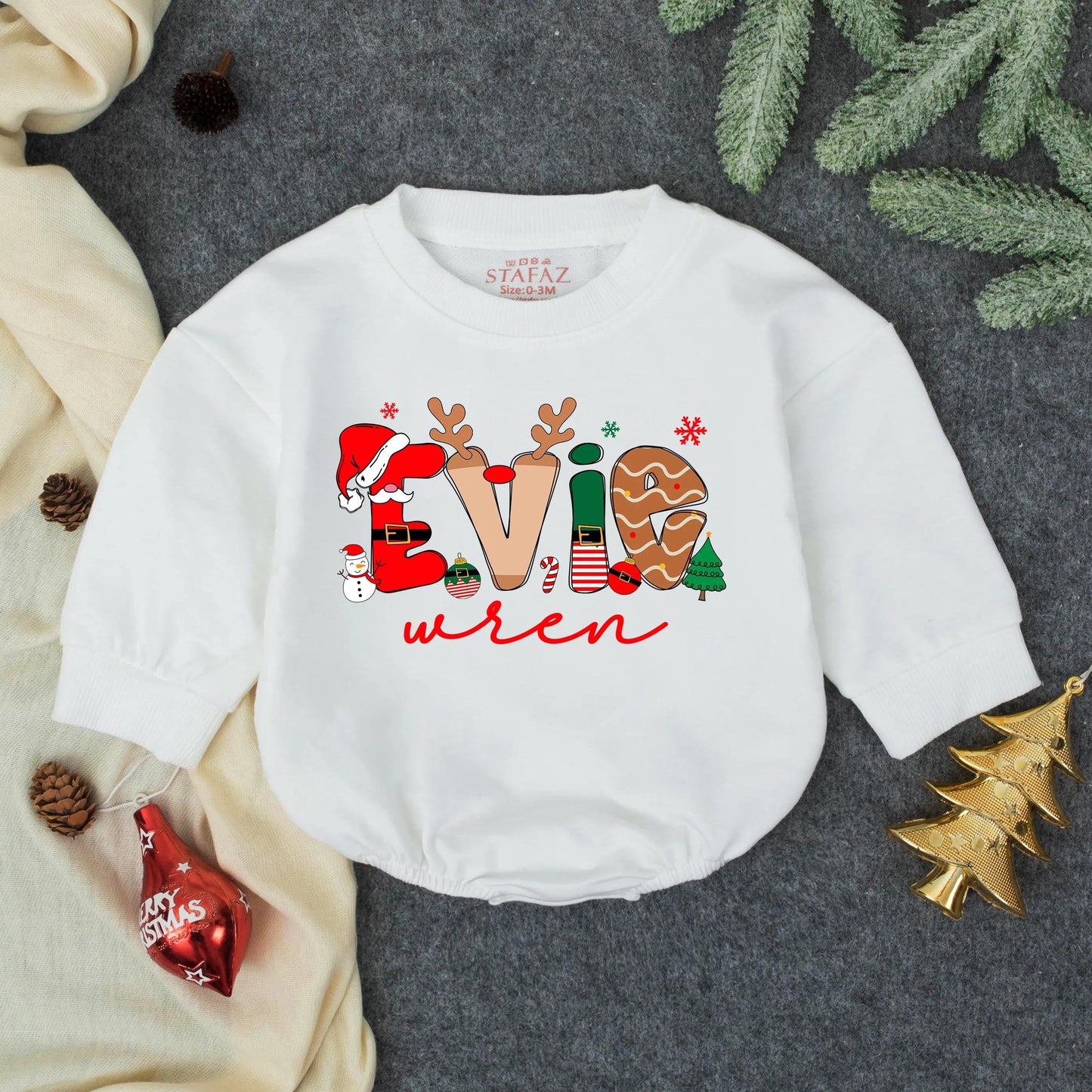 Evie Wren First Christmas Bubble Romper Personalized Baby Outfit Toddler Clothes Whimsical Holiday Red Green Brown Snowflake Gingerbread Elf Santa Design