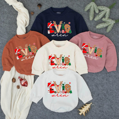 Evie Wren First Christmas Bubble Romper Personalized Baby Outfit Toddler Clothes Whimsical Holiday Red Green Brown Snowflake Gingerbread Elf Santa Design