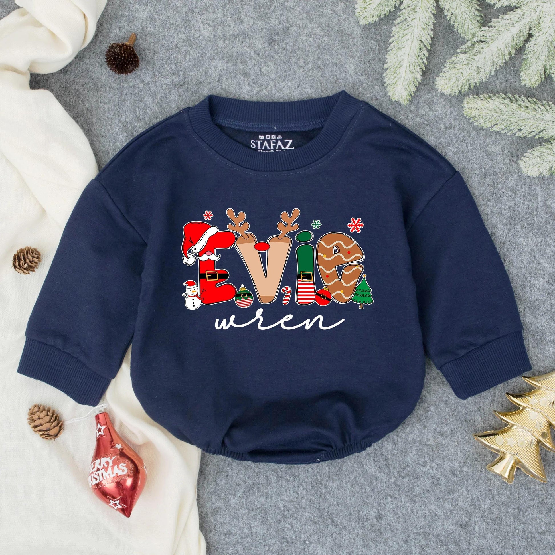 Evie Wren First Christmas Bubble Romper Personalized Baby Outfit Toddler Clothes Whimsical Holiday Red Green Brown Snowflake Gingerbread Elf Santa Design