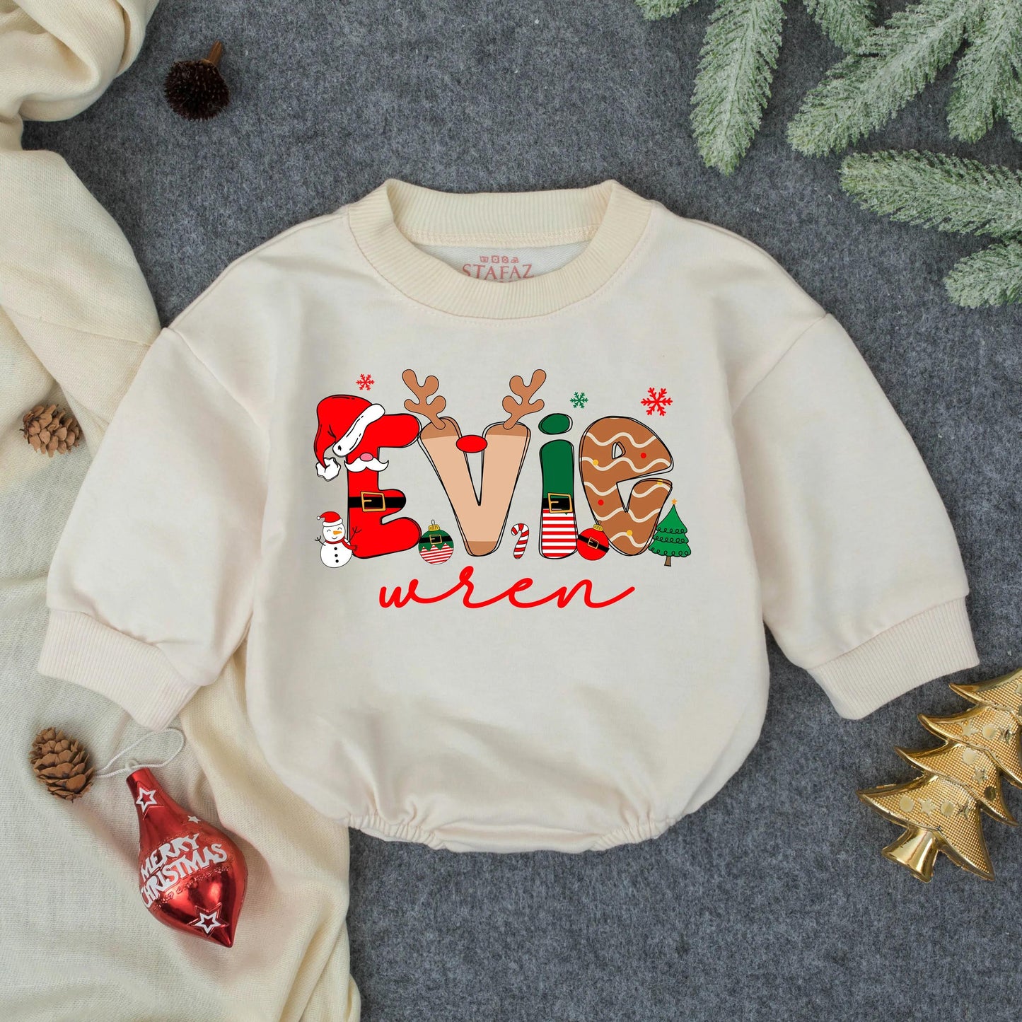 Evie Wren First Christmas Bubble Romper Personalized Baby Outfit Toddler Clothes Whimsical Holiday Red Green Brown Snowflake Gingerbread Elf Santa Design