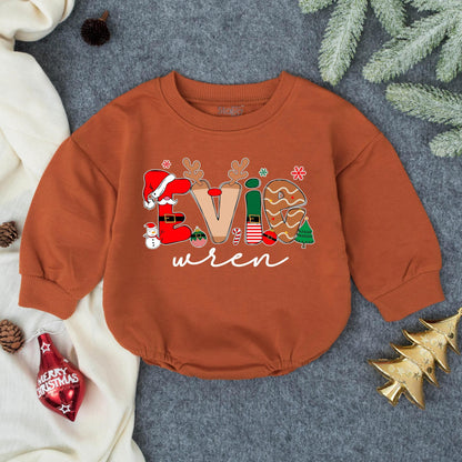 Evie Wren First Christmas Bubble Romper Personalized Baby Outfit Toddler Clothes Whimsical Holiday Red Green Brown Snowflake Gingerbread Elf Santa Design