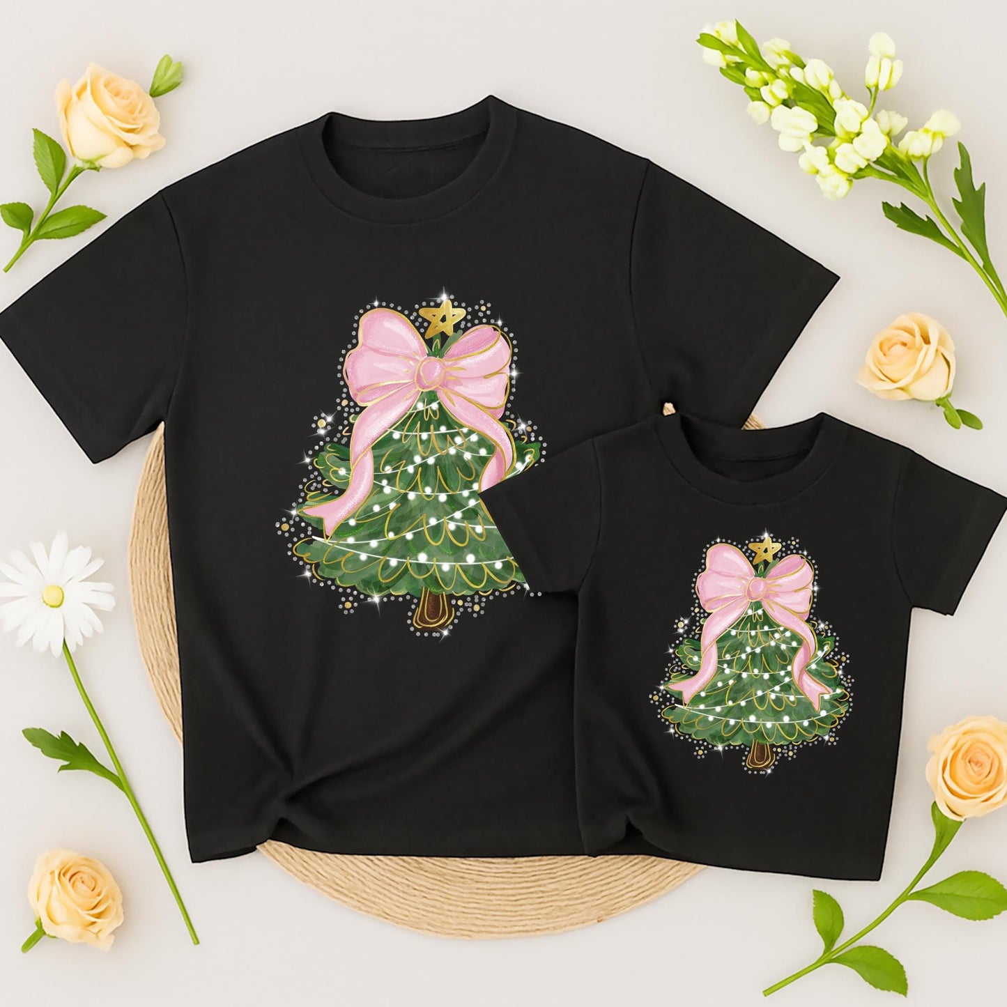 Matching Family Christmas Tree Shirt with Pink Bow & Sequin Outline | Cute Mommy and Me Holiday Outfits Green Christmas Tree T-Shirt for Women Festive