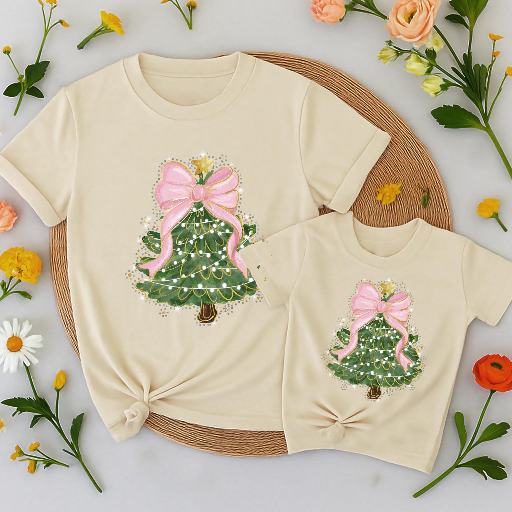 Matching Family Christmas Tree Shirt with Pink Bow & Sequin Outline | Cute Mommy and Me Holiday Outfits Green Christmas Tree T-Shirt for Women Festive