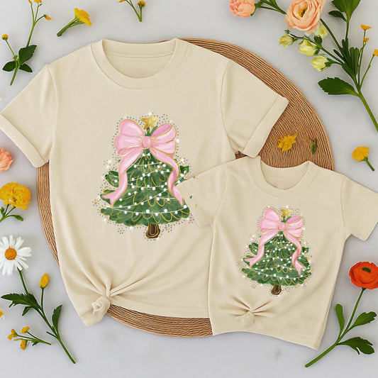 Matching Family Christmas Tree Shirt with Pink Bow & Sequin Outline | Cute Mommy and Me Holiday Outfits Green Christmas Tree T-Shirt for Women Festive