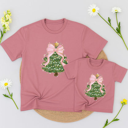 Matching Family Christmas Tree Shirt with Pink Bow & Sequin Outline | Cute Mommy and Me Holiday Outfits Green Christmas Tree T-Shirt for Women Festive