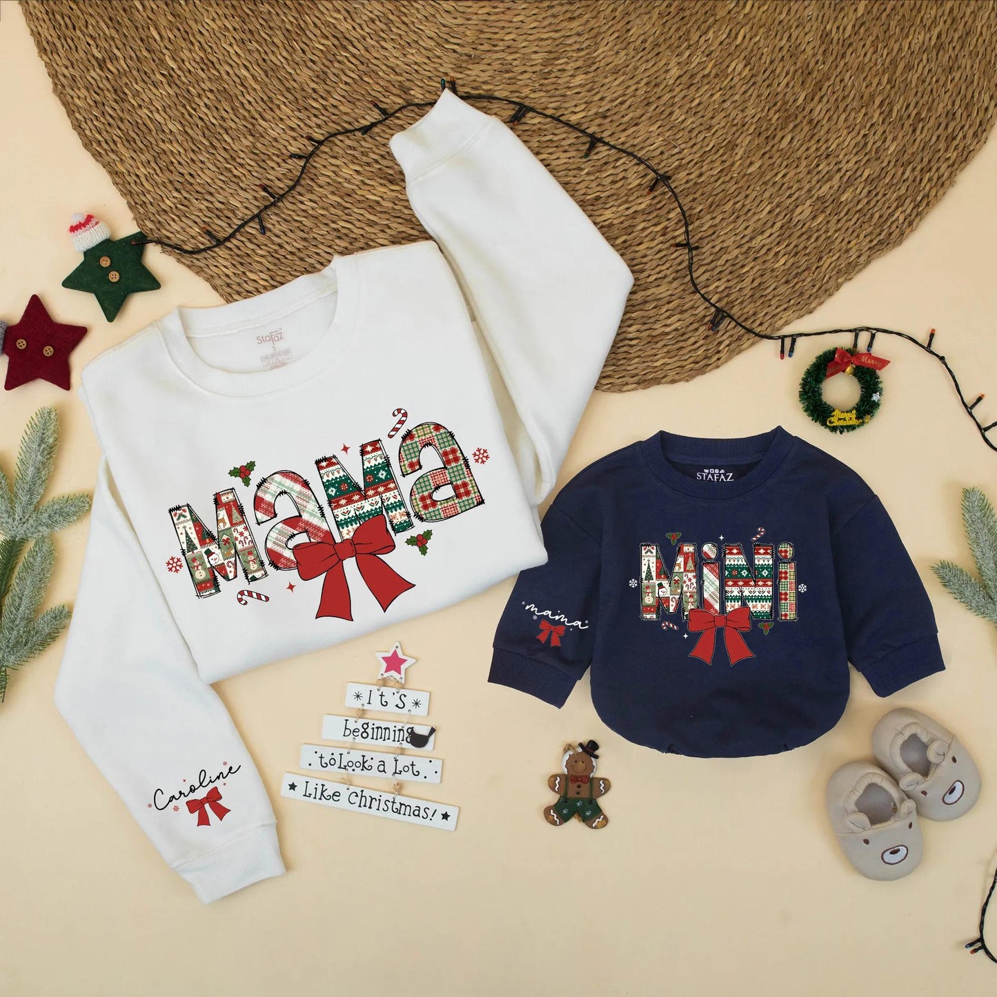 Festive Mama and Mini Matching Christmas Sweatshirt, Patchwork Holiday Mommy and Me Outfit, Cute Xmas Family Gift, Red Ribbon, Toddler Sweater 134