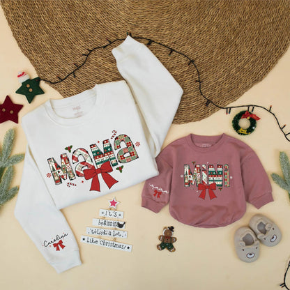 Festive Mama and Mini Matching Christmas Sweatshirt, Patchwork Holiday Mommy and Me Outfit, Cute Xmas Family Gift, Red Ribbon, Toddler Sweater 134