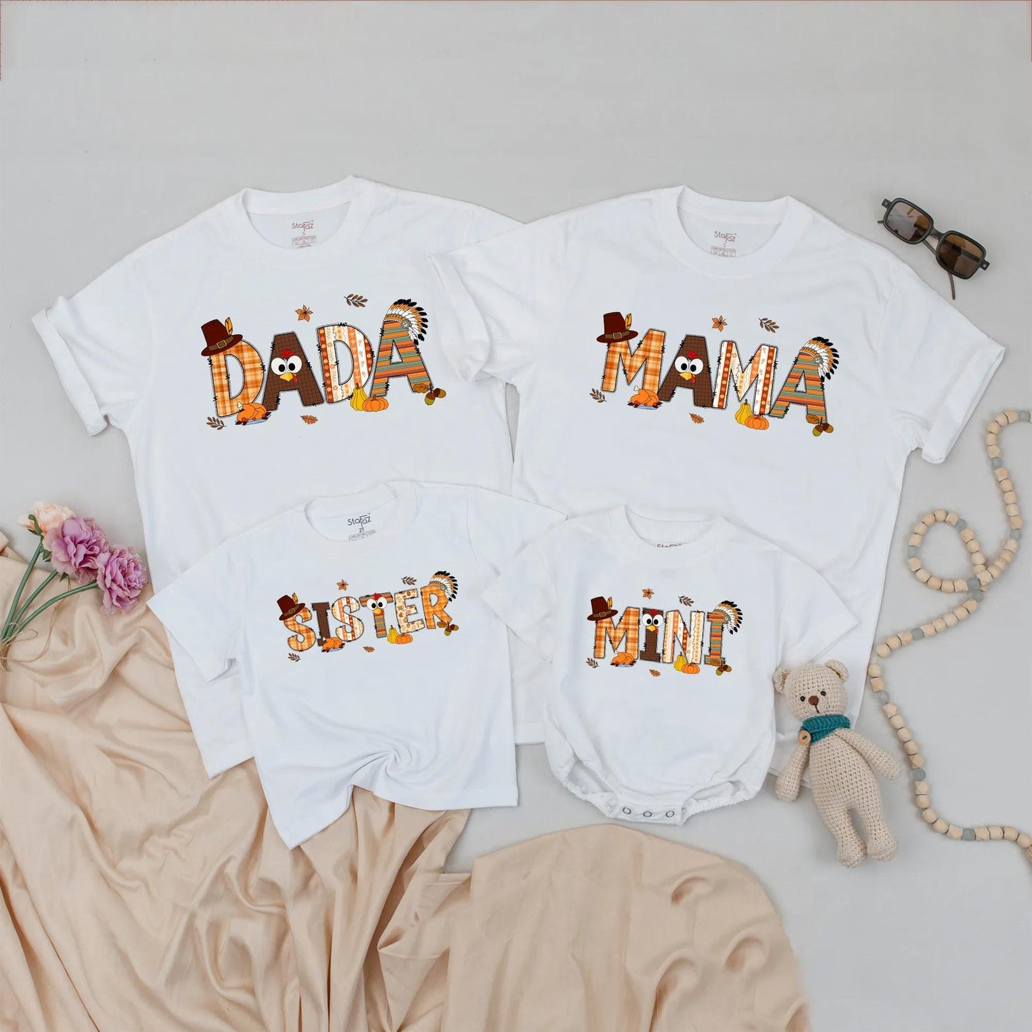 Custom Thanksgiving Family Shirts DADA MAMA SISTER MINI Fall Plaid Pumpkin Acorn Turkey Graphics Matching Outfits for Festive Parties