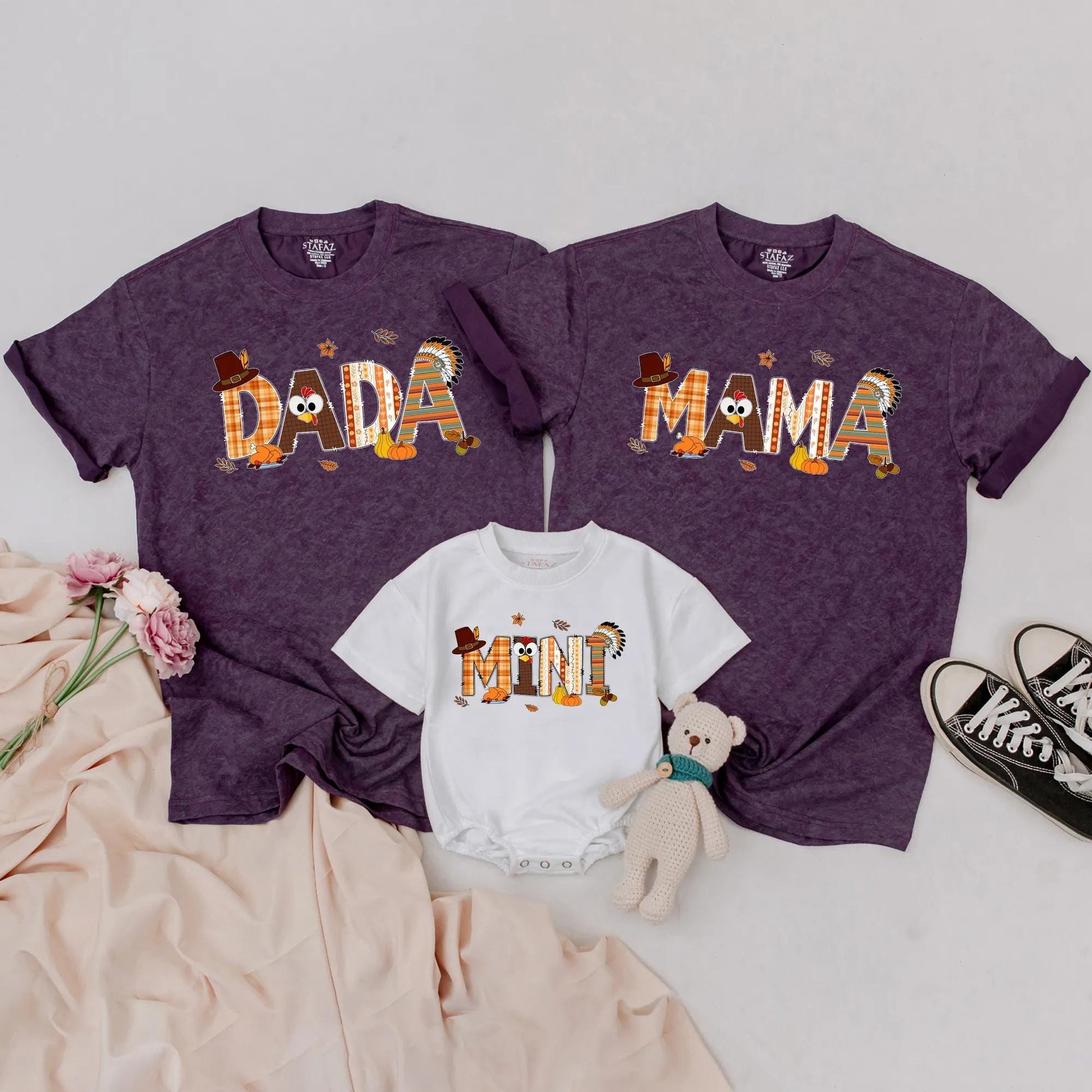 Custom Thanksgiving Family Shirts DADA MAMA SISTER MINI Fall Plaid Pumpkin Acorn Turkey Graphics Matching Outfits for Festive Parties