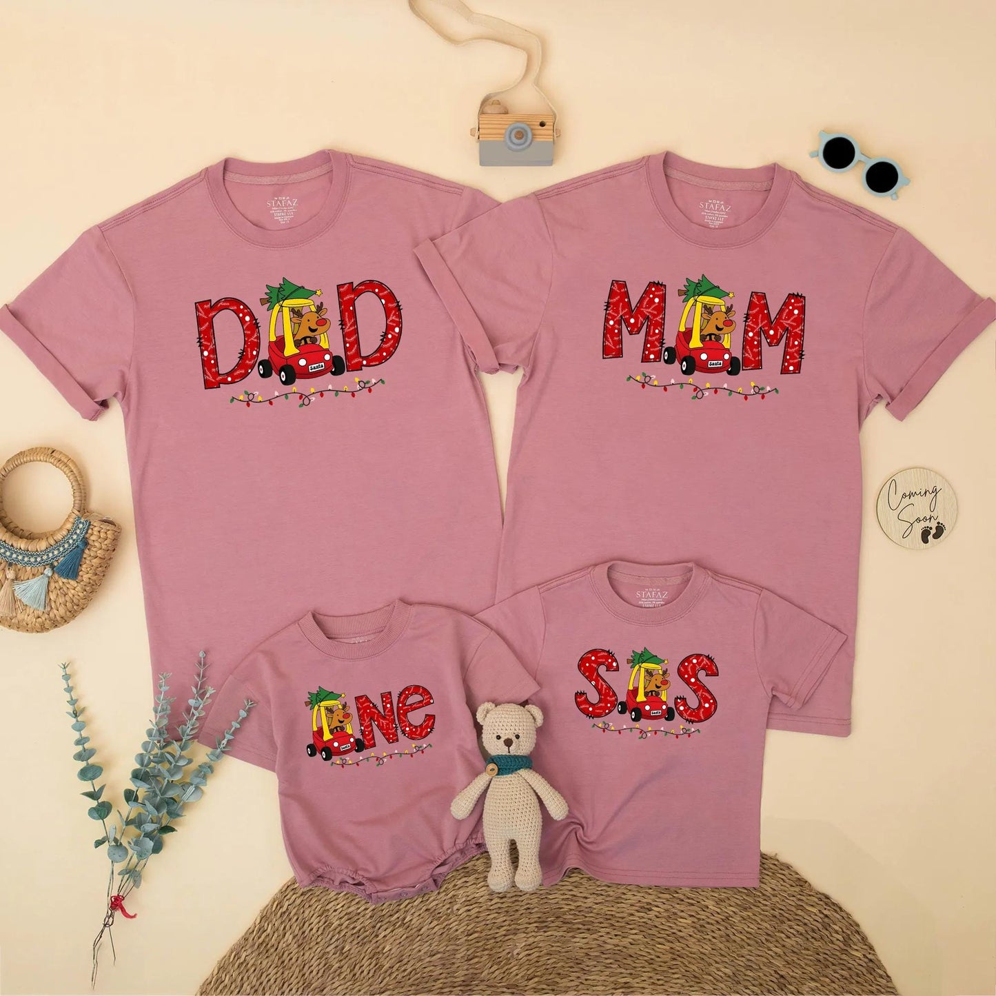 Personalized Christmas Family Matching 1st Birthday Shirt Reindeer Car & Lights Design Dad Mom Bro One Festive Winter Party Outfit Gift