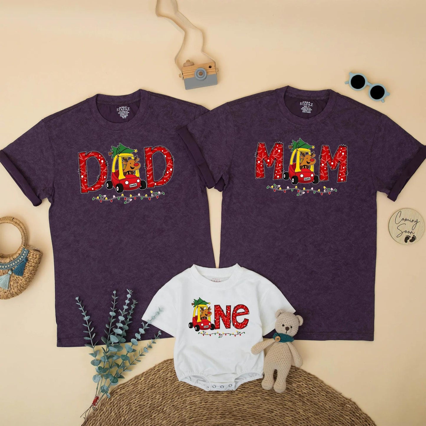 Personalized Christmas Family Matching 1st Birthday Shirt Reindeer Car & Lights Design Dad Mom Bro One Festive Winter Party Outfit Gift