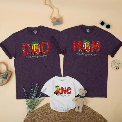 Personalized Christmas Family Matching 1st Birthday Shirt Reindeer Car & Lights Design Dad Mom Bro One Festive Winter Party Outfit Gift